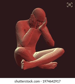 Miserable depressed man sitting and thinking. Guy holding head with hands. 3D model of man. Voxel art. Vector illustration.