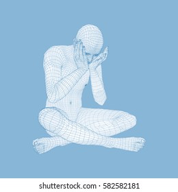 Miserable Depressed Man Sitting and Thinking. Man in a Thinker Pose. 3D Model of Man. Vector Illustration. 