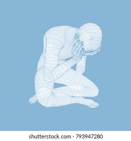 Miserável Deprimido Homem Sentado e Pensando. Homem em uma postura pensante. Modelo 3D do Homem. Ilustração de vetor.