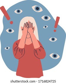 Miserable lonely young woman covering her eyes with hands associating fault, problem isolated on white vector illustration in cartoon flat style. Mental disorder or illness. Female character, human