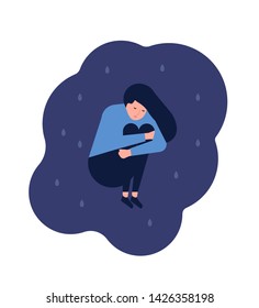 Miserable lonely young woman sitting on floor. Depressed, unhappy or upset girl. Female character in trouble, depression, sorrow, sadness. Mental disorder or illness. Flat cartoon vector illustration.