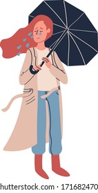 Miserable lonely young woman stands and cries from problems holding an umbrella associating fault, problem isolated on white vector illustration in cartoon flat style. Depressed, unhappy or sad girl