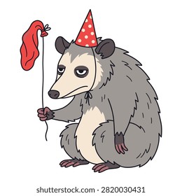 Miserable opossum in a polka dot party hat holds a deflated red balloon, showing deep sadness.