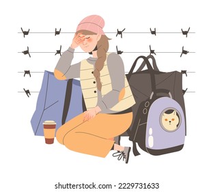 Miserable Woman Refugee Sitting Against Wire Fence with Luggage Fleeing from War Conflict Seeking Asylum Vector Illustration