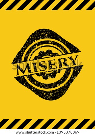 Misery grunge black emblem with yellow background, warning sign. Vector Illustration. Detailed.