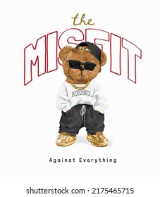 the misfit slogan with bear doll in sunglasses and gold sneakers vector illustration svg