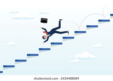 Misfortune businessman fall down stairs in economic crisis or career stumble, business risk, mistake or failure, challenge or problem and difficulty, accident causing bankruptcy (Vector)