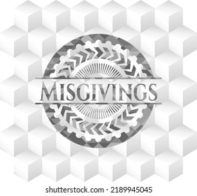 Misgivings grey emblem with cube white background. 