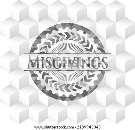 Misgivings grey emblem with cube white background. 