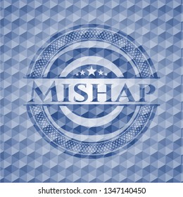 Mishap blue emblem or badge with abstract geometric polygonal pattern background.
