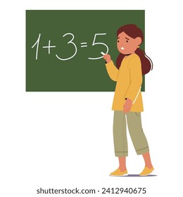 Error durante la lección de matemáticas, un niño escribió erróneamente ecuaciones erróneas en la pizarra, momento de fracaso en clase y error con personaje de jovencita frustrada. Ilustración de vectores de personas de caricatura