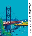 Mishawaka Riverwalk Bridge or St Joe River and Pedestrian Bridge Over St Joseph River Indiana WPA Poster Art
