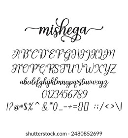 Mishega Script is modern calligraphy font, including Regular. This font is casual and pretty with swashes. Can used for various purposes. such as logo, product packaging, wedding invitations etc.