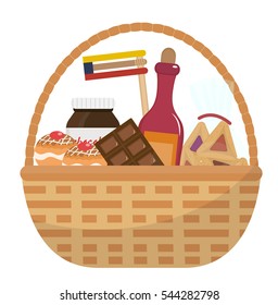 Mishloach Manot Basket With Food Treats. Purim Holiday Gift. Jewish Carnival Present. Vector Illustration