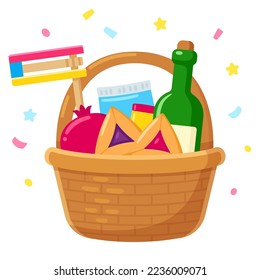 Mishloach Manot, Purim gift basket with Hamantashen, wine bottle and gragger. Jewish holiday tradition. Cute cartoon style vector illustration.