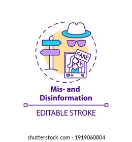 Misinformation and disinformation concept icon. Social media, journalism challenge idea thin line illustration. Checking material provenance. Vector isolated outline RGB color drawing. Editable stroke