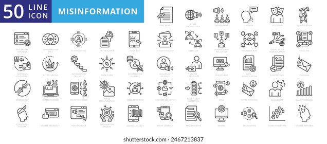 Icono de desinformación con noticias falsas, ciberpropaganda, rumores, engaños, manipulación, pegatinas y contenido engañoso.