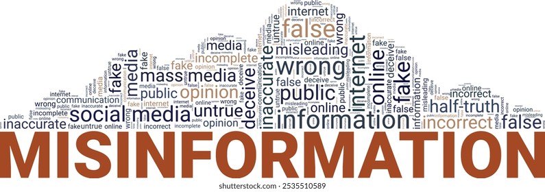 Desinformação palavra nuvem design conceitual isolado no fundo branco.