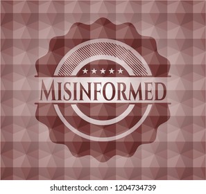 Misinformed red emblem or badge with abstract geometric polygonal pattern background. Seamless.