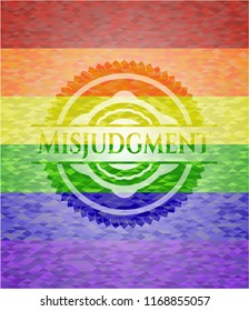 Misjudgment emblem on mosaic background with the colors of the LGBT flag