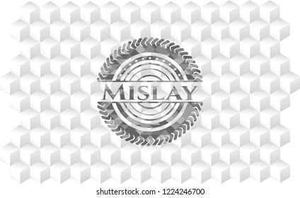 Mislay retro style grey emblem with geometric cube white background