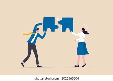 Mismatch Or Mistake, Wrong Business Decision Or Failure Of Incorrect Solution, Mismanagement Or Invalid Choice Concept, Confused Business People Putting Mismatch Or Wrong Jigsaw Puzzle Together.