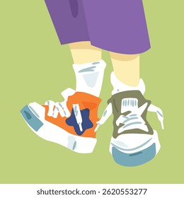 Mismatched Cartoon Sneakers On Feet. Flat cartoon illustration of a pair of mismatched sneakers on child’s legs with white socks, standing on green grass. Bright and playful summer style.