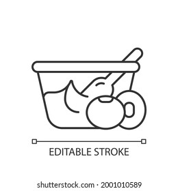 Miso linear icon. Naturaly made paste from soy beans. Popular vegetarian snacks. Thin line customizable illustration. Contour symbol. Vector isolated outline drawing. Editable stroke