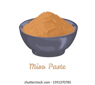 Miso paste in dark bowl isolated on white background. Vector illustration of yellow miso, or shinshu miso in cartoon flat style. Japanese food.