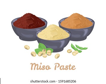 Miso paste in dark bowls and soybeans isolated on white background. Vector illustration of japanese food in cartoon flat style.  White shiro Miso, Yellow shinshu Miso, Red aka Miso.