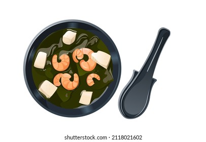 Miso soup in a black bowl. Soup spoon. Tofu. Restaurant poster. Isolated on white background. Cartoon style. Japanese food. Asian food. Japanese food. Vector illustration