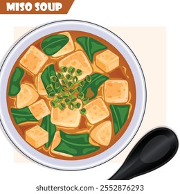 Miso Soup Bowl com vista para o topo da colher. Dashi, Fried Tofu, Wakame Seaweed e Green Onions. Sopa Nacional Japonesa 