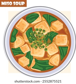 Miso Soup Bowl Top View Detailed Illustration. Dashi, Fried Tofu, Wakame Seaweed, and Green Onions. Japanese Traditional Soup 