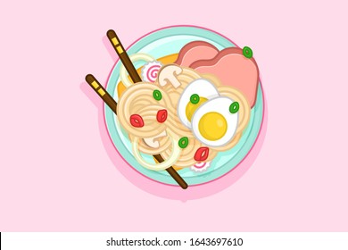 Miso soup in a bowl. Traditional tasty japanese meal with noodles and broth. Plate with mushrooms, eggs and meat on pink background. Colourful vector illustration