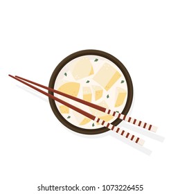 Miso soup and chopsticks vector. japan food. free space for text. wallpaper. background.