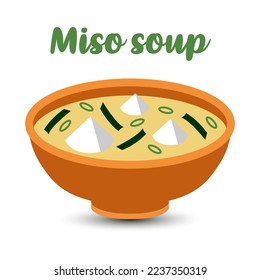 Miso Soup in a clay bowl. Japanese cuisine. Vector illustration.
