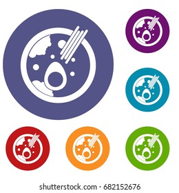Miso soup icons set in flat circle red, blue and green color for web