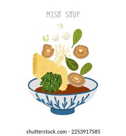 Miso soup recipe vector illustration. Falling ingredients. Traditional Asian food. Vector clipart.