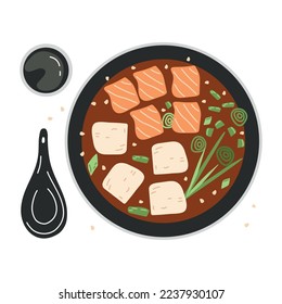 Miso soup with salmon Top view on a white background. Asian food. Vector illustration for restaurants, menus, decor