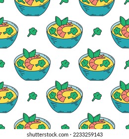 Sopa de miso sin fisuras. Fondo de comida asiática. Impresión tradicional japonesa de platillos para textiles, envasado, envasado y fabricación de ilustraciones vectoriales