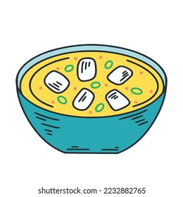 Miso soup with tofu isolated retro illustration. Asian food color doodle image. Dish traditional japanese food vector