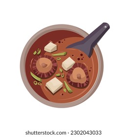 Miso soup with tofu, mushrooms, and green onions. Japanese food, healthy eating, cooking, menu concept. Vector illustration.