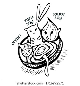 Miso soup with tofu, soy and onions. Cartoon vector