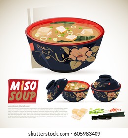 Miso soup in traditional japanese bowl set. ingredients. logotype - vector illustration