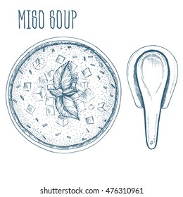 Miso soup. Vector illustration. Linear graphic