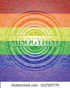 Misogynist emblem on mosaic background with the colors of the LGBT flag