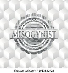 Misogynist retro style grey emblem with geometric cube white background. 