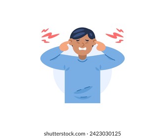 Misophonia. A man covers his ears so he doesn't hear the noise. uncomfortable and disturbed by loud and annoying sounds. Noise pollution. cartoon illustration design. graphic elements. Vector