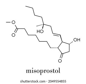 Misoprostol abortion inducing drug molecule. Prostaglandin E1 (PGE1) analogue also used to treat missed miscarriage, induce labor, etc. Skeletal formula.