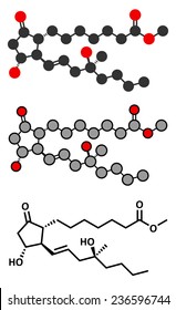 Misoprostol abortion inducing drug molecule. Prostaglandin E1 (PGE1) analogue also used to treat missed miscarriage, induce labor, etc. Conventional skeletal formula and stylized representations.